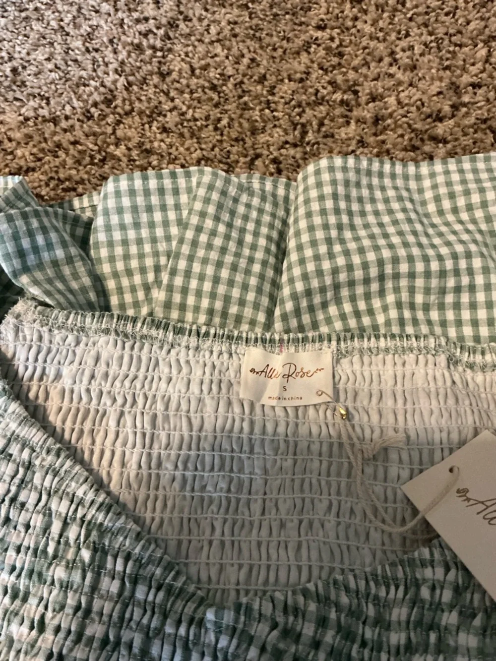 Smocked Gingham Mini Dress in Sage Green - Picture 8 of 8